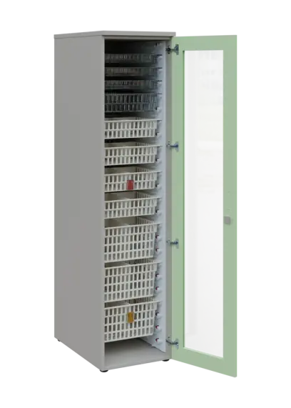 EUROMEDICA S - 46 skříň léková boxová, 1-dveřová/prosklená, pravá, 1950x460x735, korpus šedý, dvířka šedo-zelinkavá